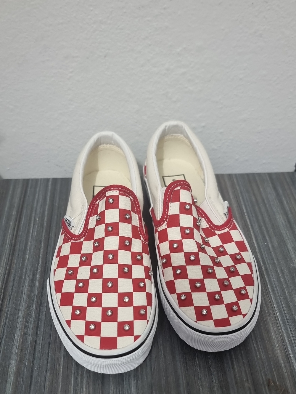 Vans Kids Red and White Checkerboard Slip-On Sneakers with Silver Studs